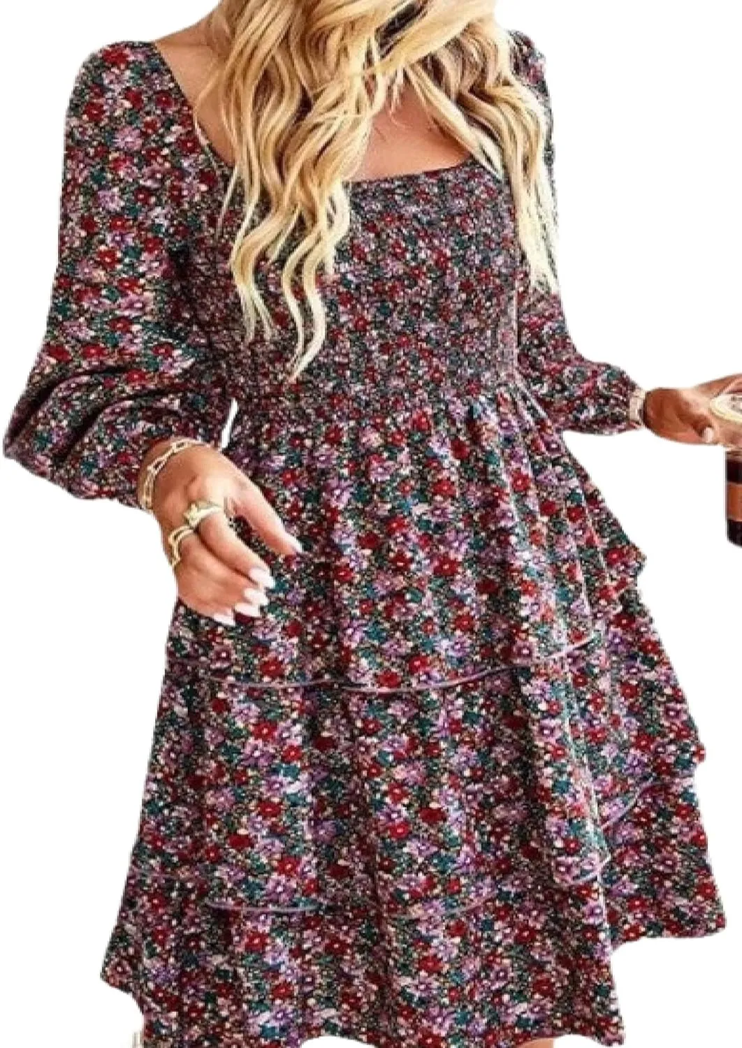 Women's Elegant Floral Print Tiered Ruffle Mini Dress Casual Square Neck Long Sleeve Smocked Dresses Summer Beach Wear