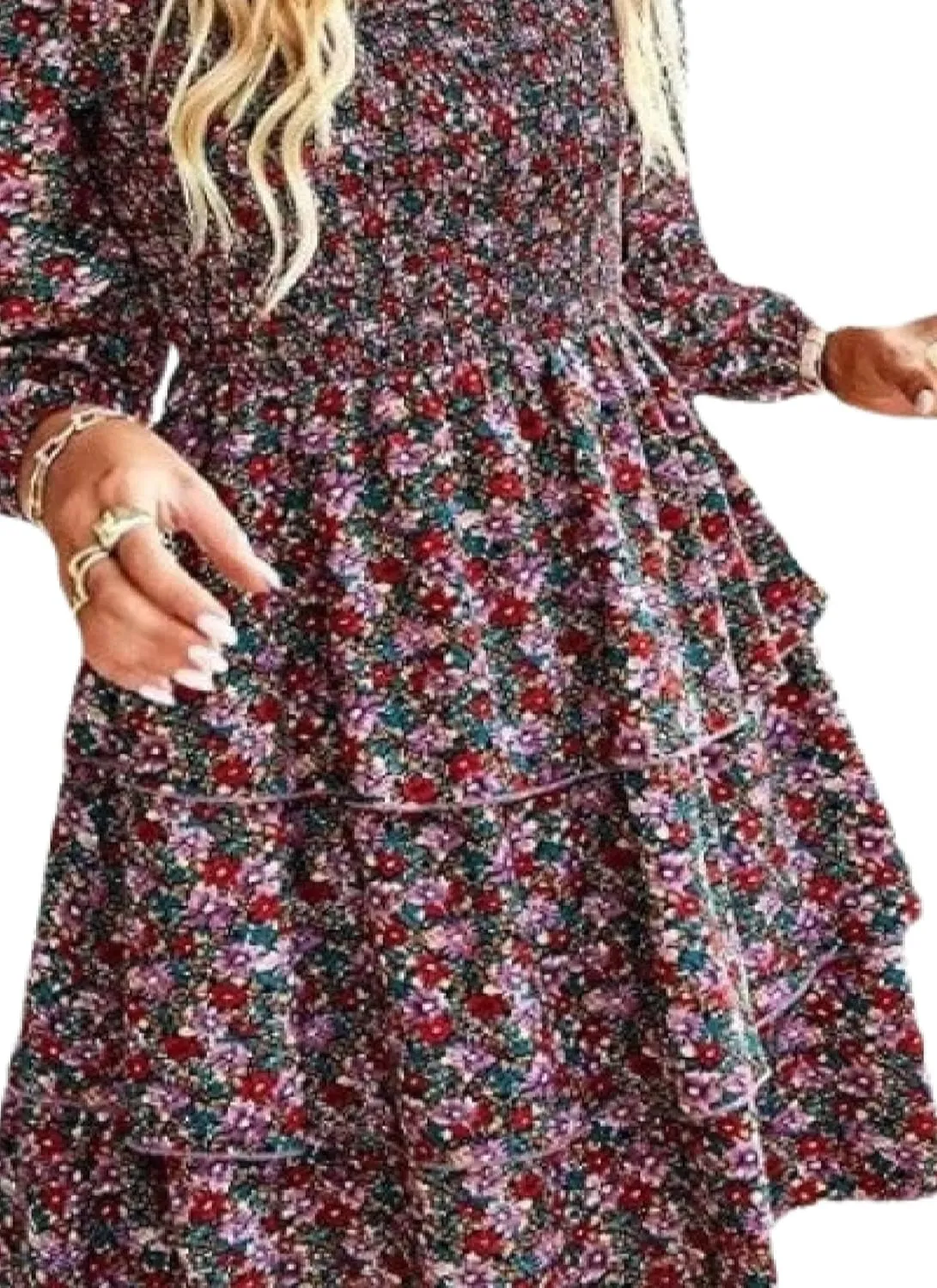 Women's Elegant Floral Print Tiered Ruffle Mini Dress Casual Square Neck Long Sleeve Smocked Dresses Summer Beach Wear