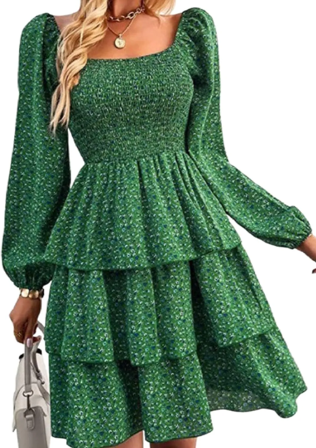 Women's Elegant Floral Print Tiered Ruffle Mini Dress Casual Square Neck Long Sleeve Smocked Dresses Summer Beach Wear