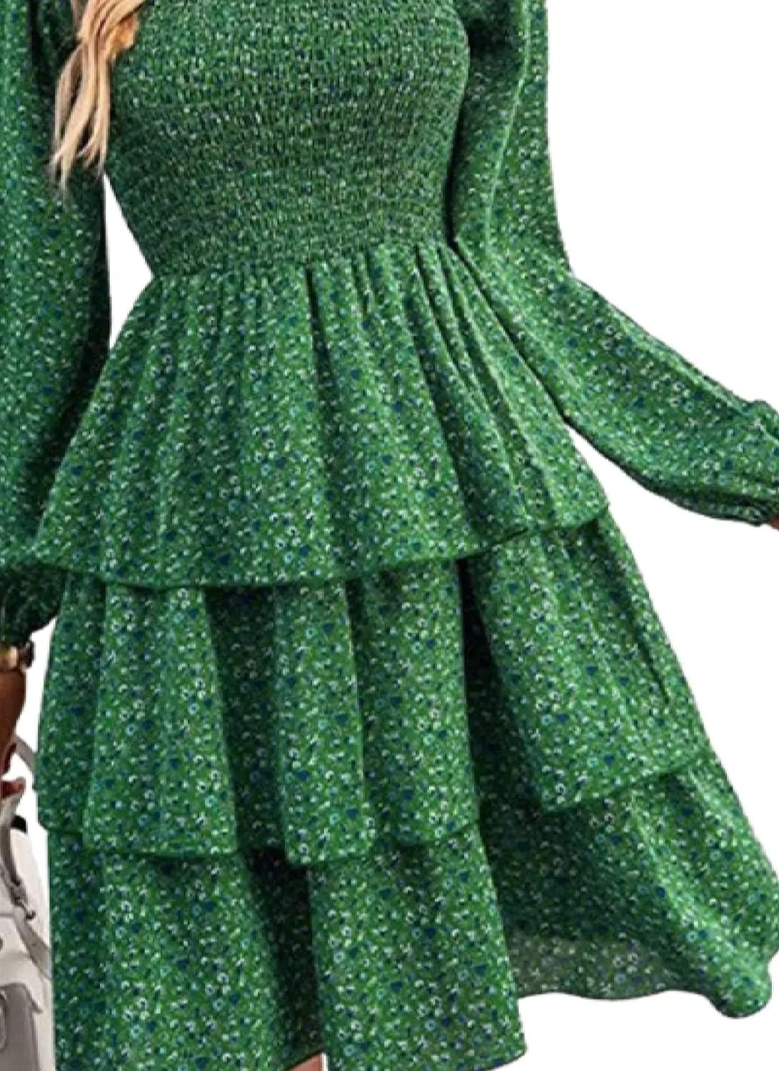 Women's Elegant Floral Print Tiered Ruffle Mini Dress Casual Square Neck Long Sleeve Smocked Dresses Summer Beach Wear