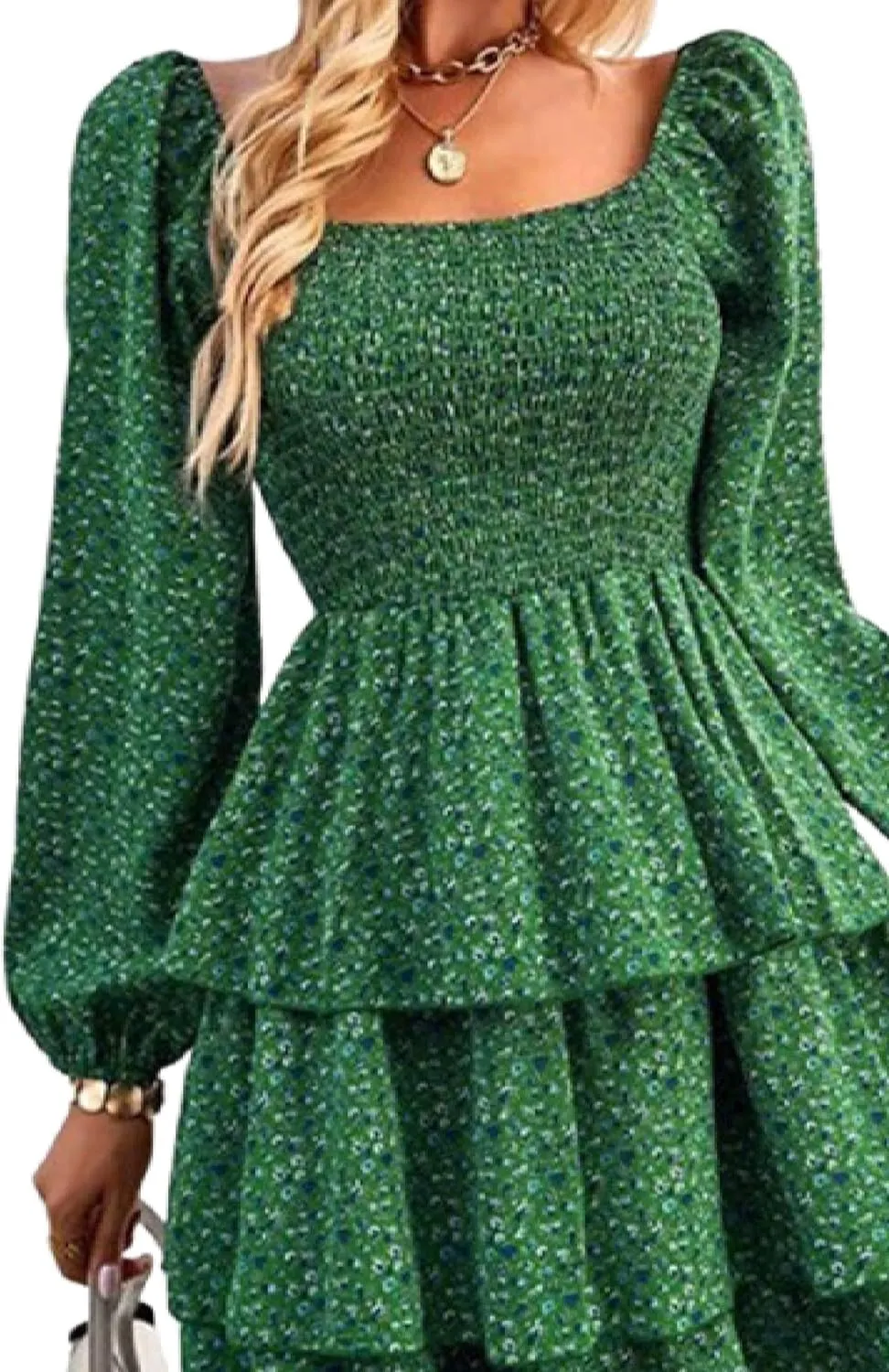 Women's Elegant Floral Print Tiered Ruffle Mini Dress Casual Square Neck Long Sleeve Smocked Dresses Summer Beach Wear