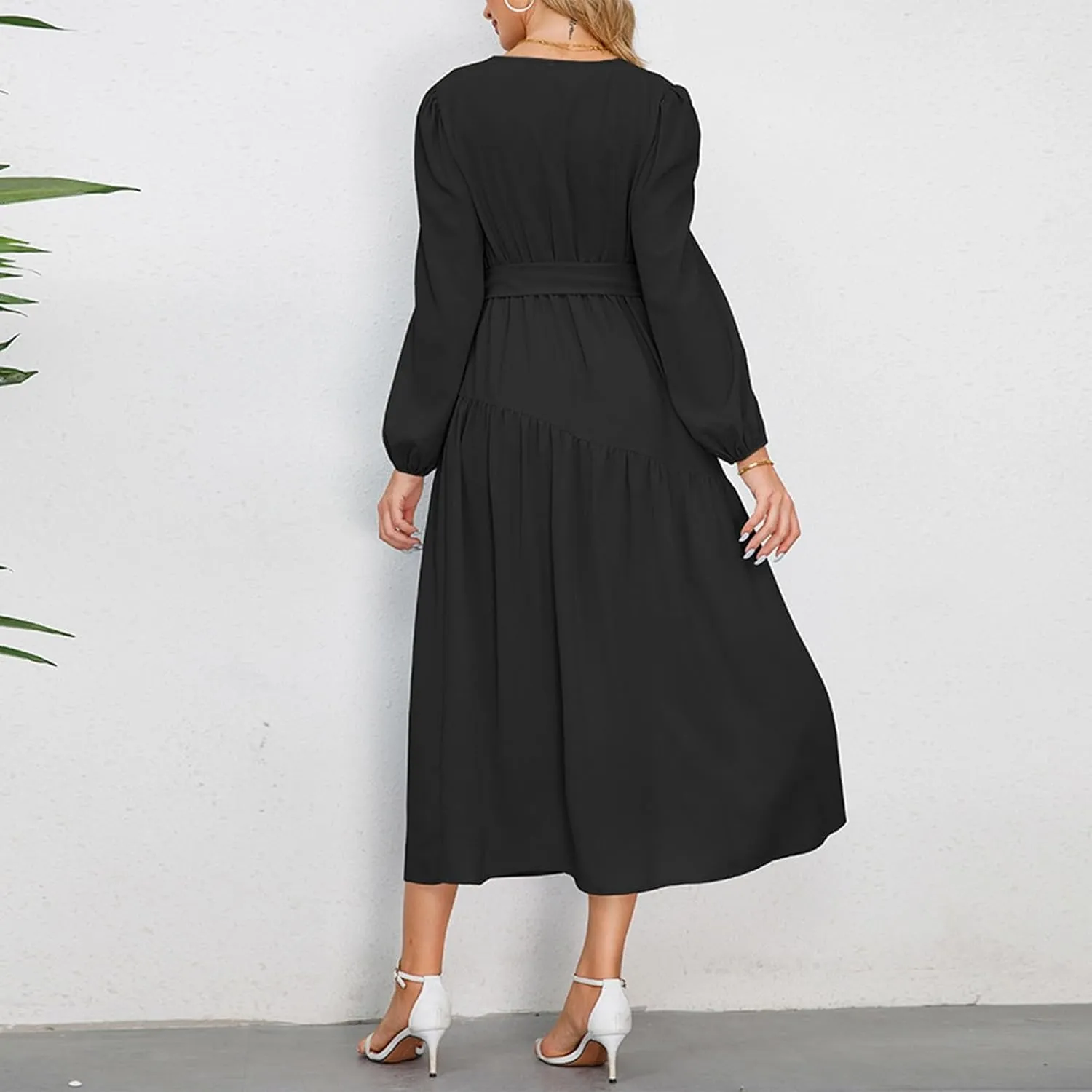 Women's Elegant Solid A-Line Pleated Midi Dress Classic 3/4 Sleeve V Neck Sheath Casual Party Work Wrap Dress