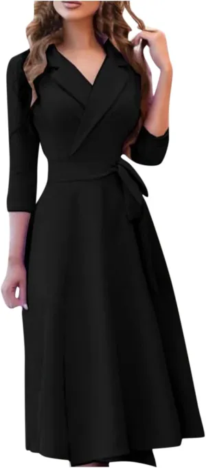 Women's Elegant Solid A-Line Pleated Midi Dress Classic 3/4 Sleeve V Neck Sheath Casual Party Work Wrap Dress