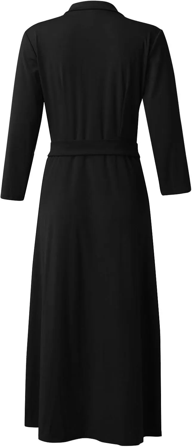 Women's Elegant Solid A-Line Pleated Midi Dress Classic 3/4 Sleeve V Neck Sheath Casual Party Work Wrap Dress