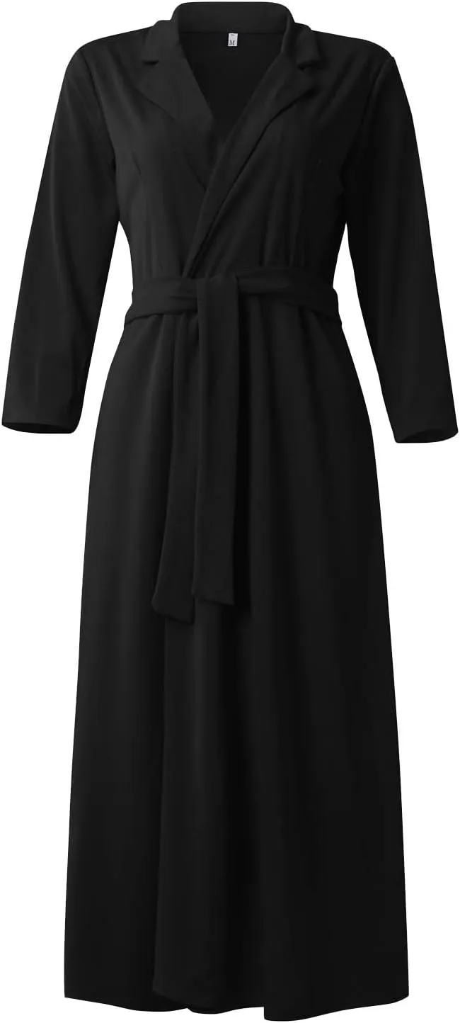 Women's Elegant Solid A-Line Pleated Midi Dress Classic 3/4 Sleeve V Neck Sheath Casual Party Work Wrap Dress