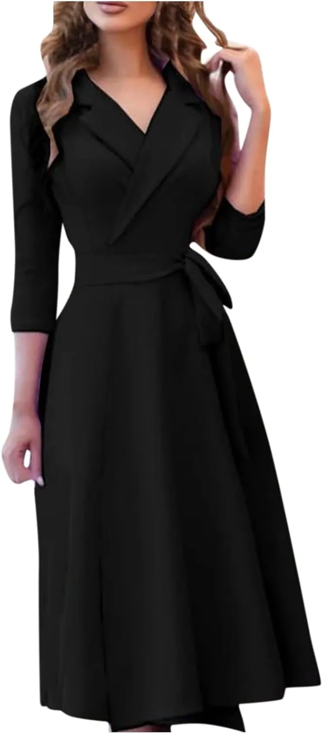 Women's Elegant Solid A-Line Pleated Midi Dress Classic 3/4 Sleeve V Neck Sheath Casual Party Work Wrap Dress