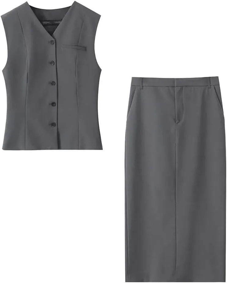 Women's Elegant Two-Piece Set Sleeveless Vest with Classic Pencil Skirt