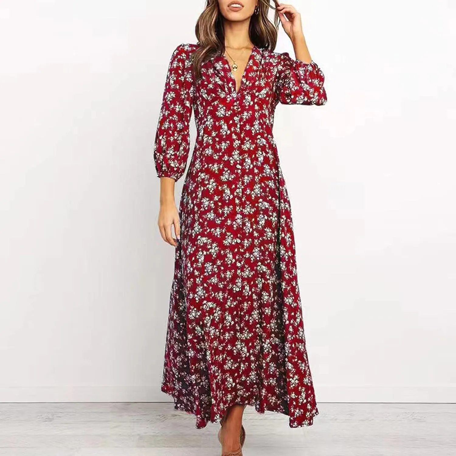 Women's Fall Dress 2024 Trendy Long Sleeve Wrap V Neck Dress Ruffle Floral Casual Maxi Dress