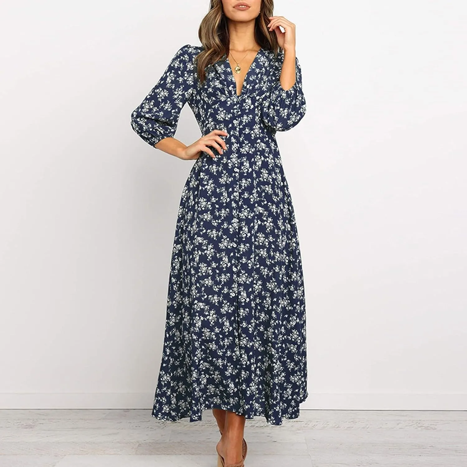 Women's Fall Dress 2024 Trendy Long Sleeve Wrap V Neck Dress Ruffle Floral Casual Maxi Dress