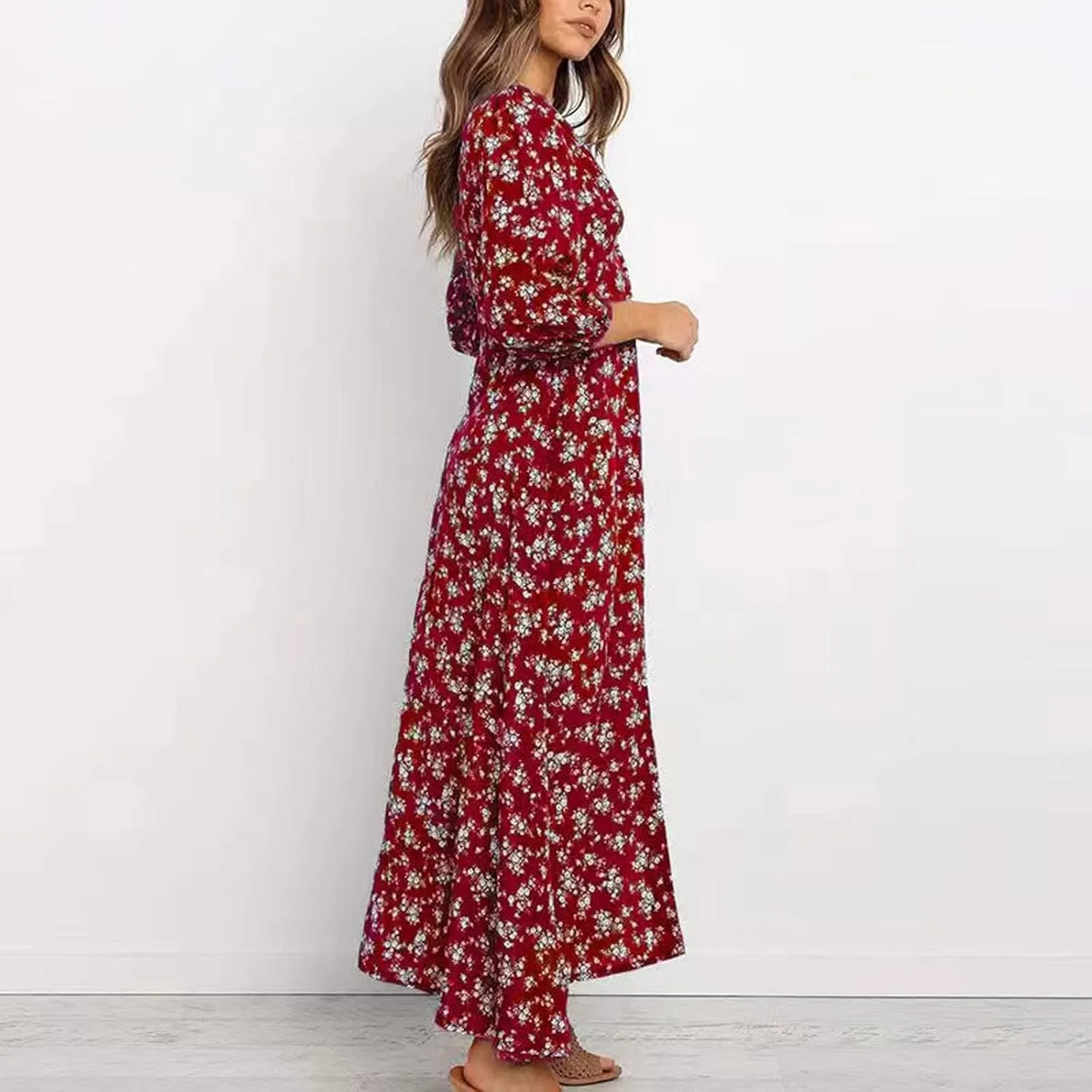 Women's Fall Dress 2024 Trendy Long Sleeve Wrap V Neck Dress Ruffle Floral Casual Maxi Dress