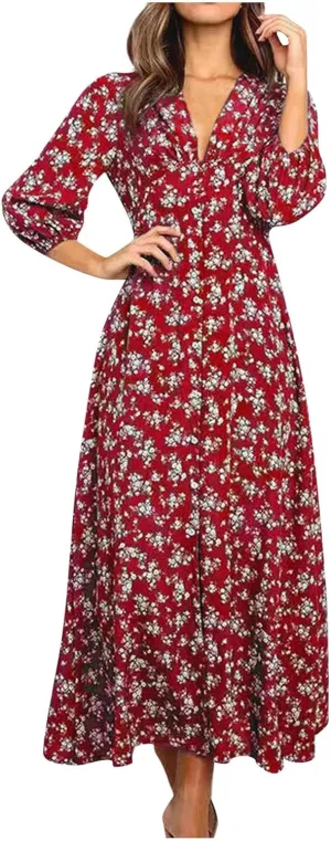 Women's Fall Dress 2024 Trendy Long Sleeve Wrap V Neck Dress Ruffle Floral Casual Maxi Dress
