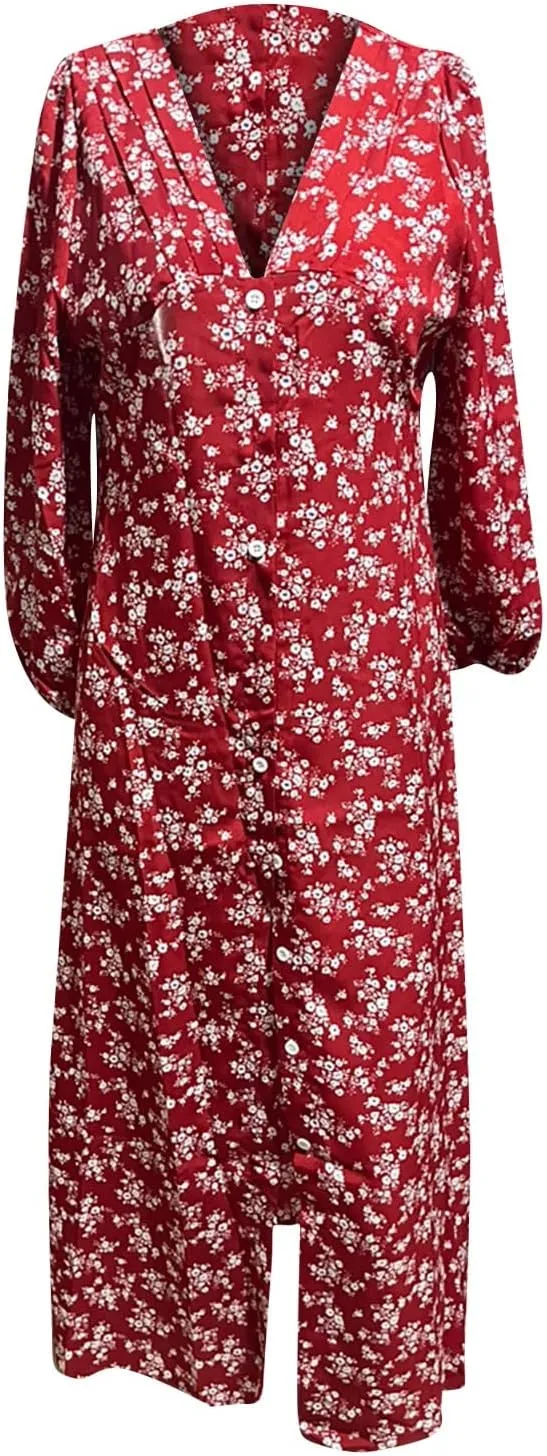 Women's Fall Dress 2024 Trendy Long Sleeve Wrap V Neck Dress Ruffle Floral Casual Maxi Dress