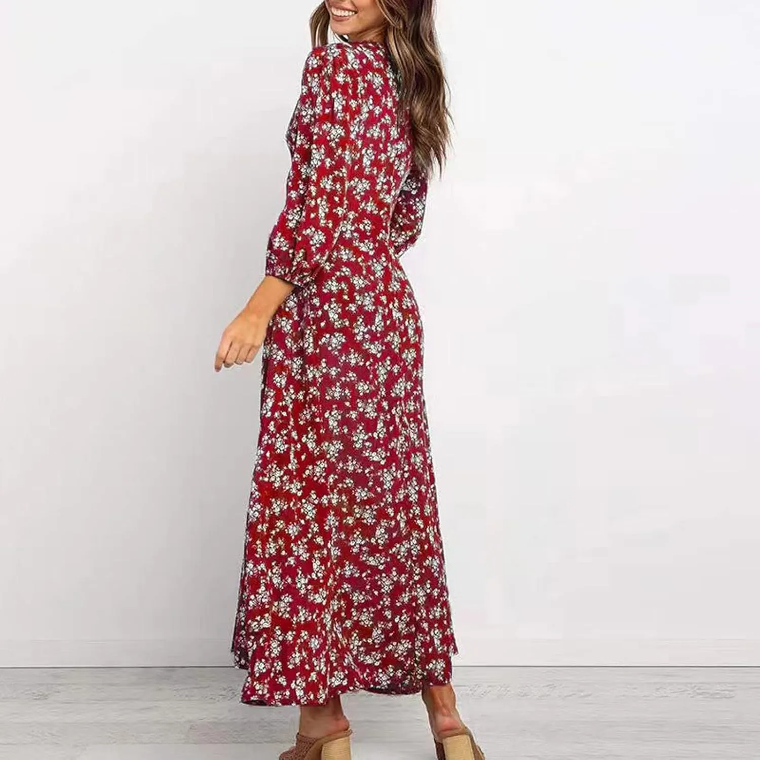 Women's Fall Dress 2024 Trendy Long Sleeve Wrap V Neck Dress Ruffle Floral Casual Maxi Dress