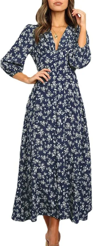 Women's Fall Dress 2024 Trendy Long Sleeve Wrap V Neck Dress Ruffle Floral Casual Maxi Dress