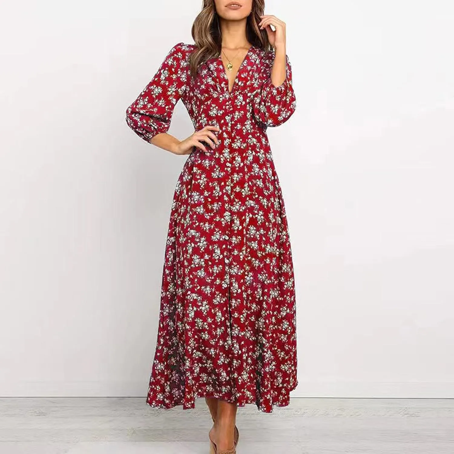 Women's Fall Dress 2024 Trendy Long Sleeve Wrap V Neck Dress Ruffle Floral Casual Maxi Dress