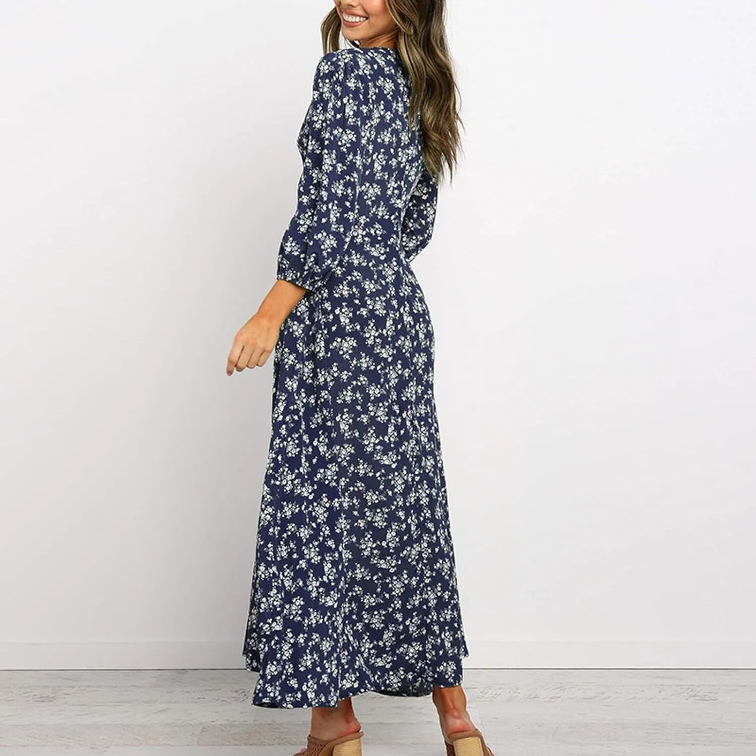 Women's Fall Dress 2024 Trendy Long Sleeve Wrap V Neck Dress Ruffle Floral Casual Maxi Dress