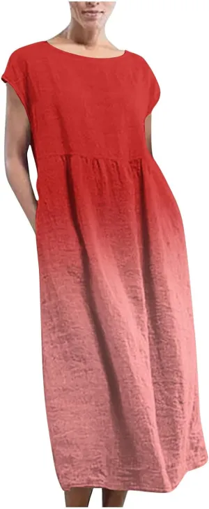 Womens Fashion Gradient Color Dresses Short Sleeve Vintage Casual Sundress Summer Crew Neck Classic Basic Dresses