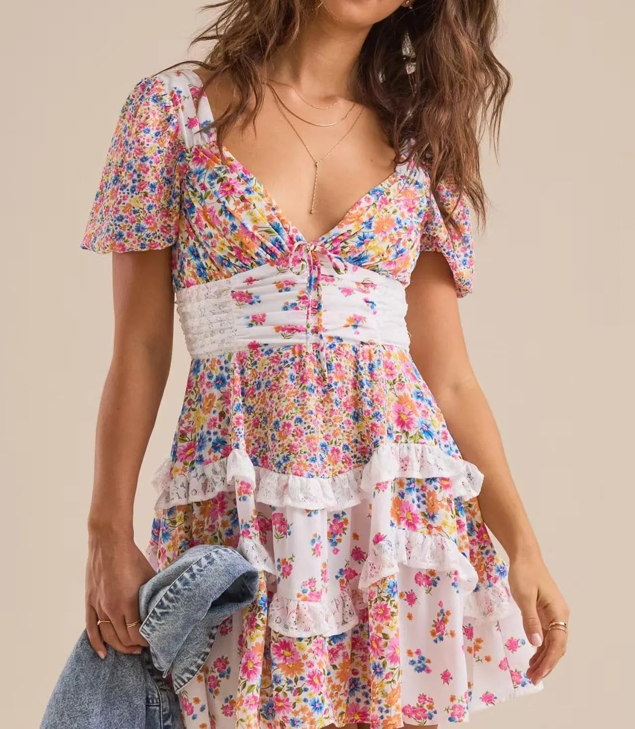 Women's Floral Ruffle Tiered Mini Dress V Neck Puff Sleeve Backless Short Dresses Boho Smocked Layered Swing Dress