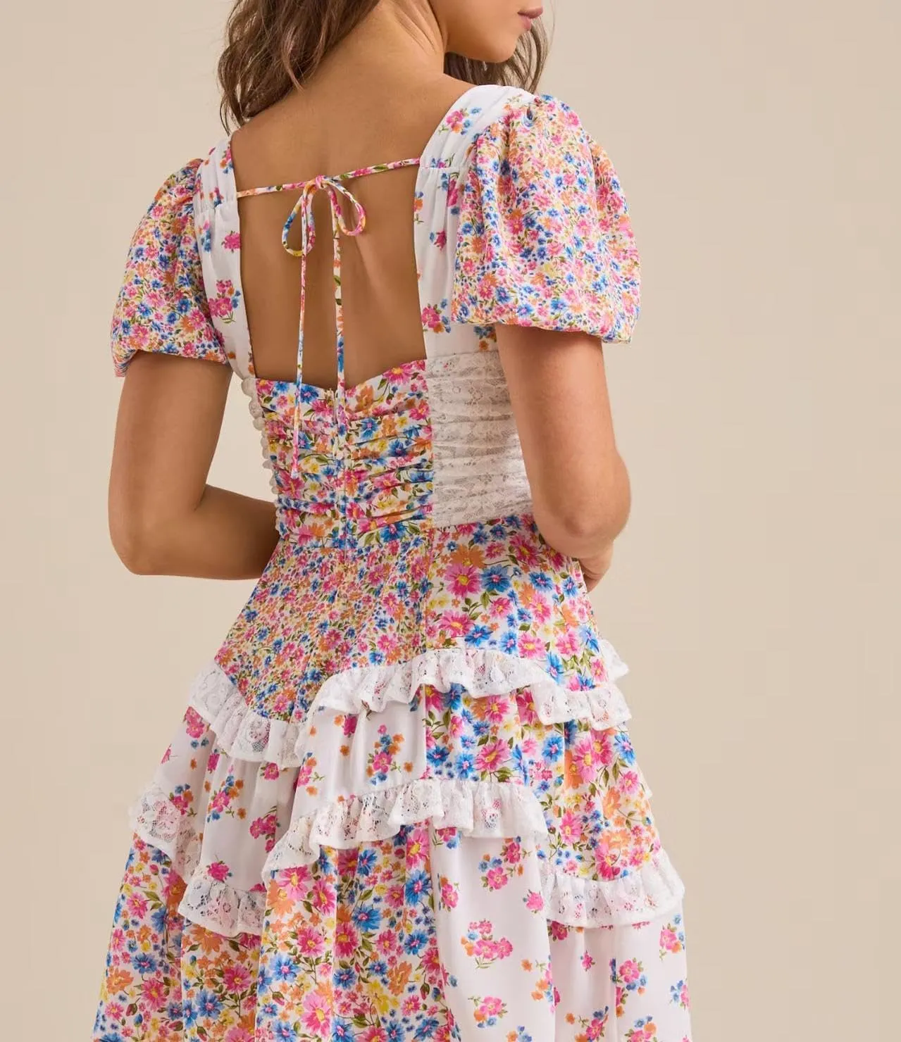 Women's Floral Ruffle Tiered Mini Dress V Neck Puff Sleeve Backless Short Dresses Boho Smocked Layered Swing Dress
