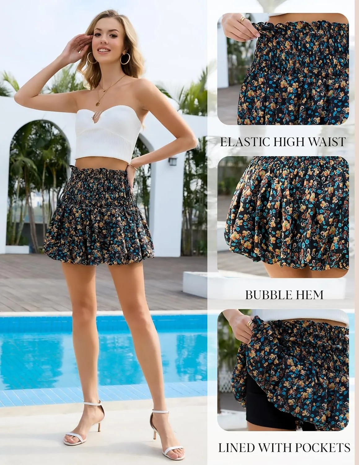 Women's Floral Short Skirt Bubble Mini Skirts Summer Casual Beach Skirt