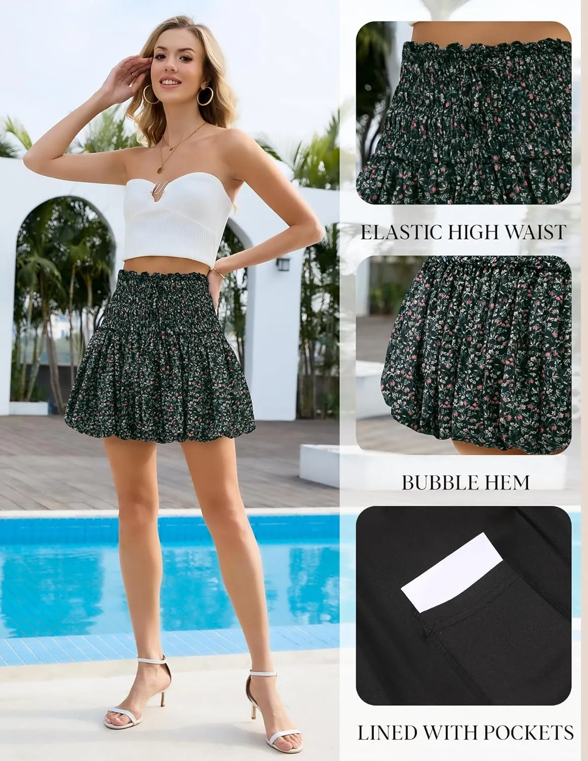 Women's Floral Short Skirt Bubble Mini Skirts Summer Casual Beach Skirt