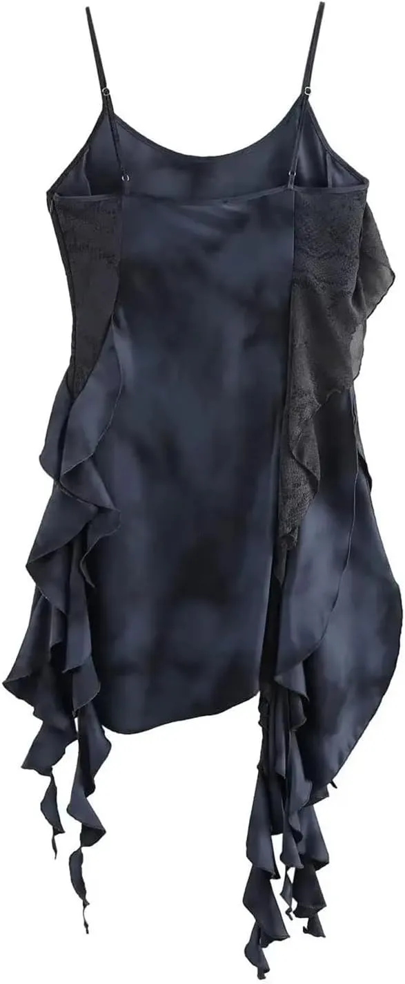 Women's Irregular Ruffle Decorative Mini Dress Slim Sleeveless Lace Casual Club Party Suspender Dress
