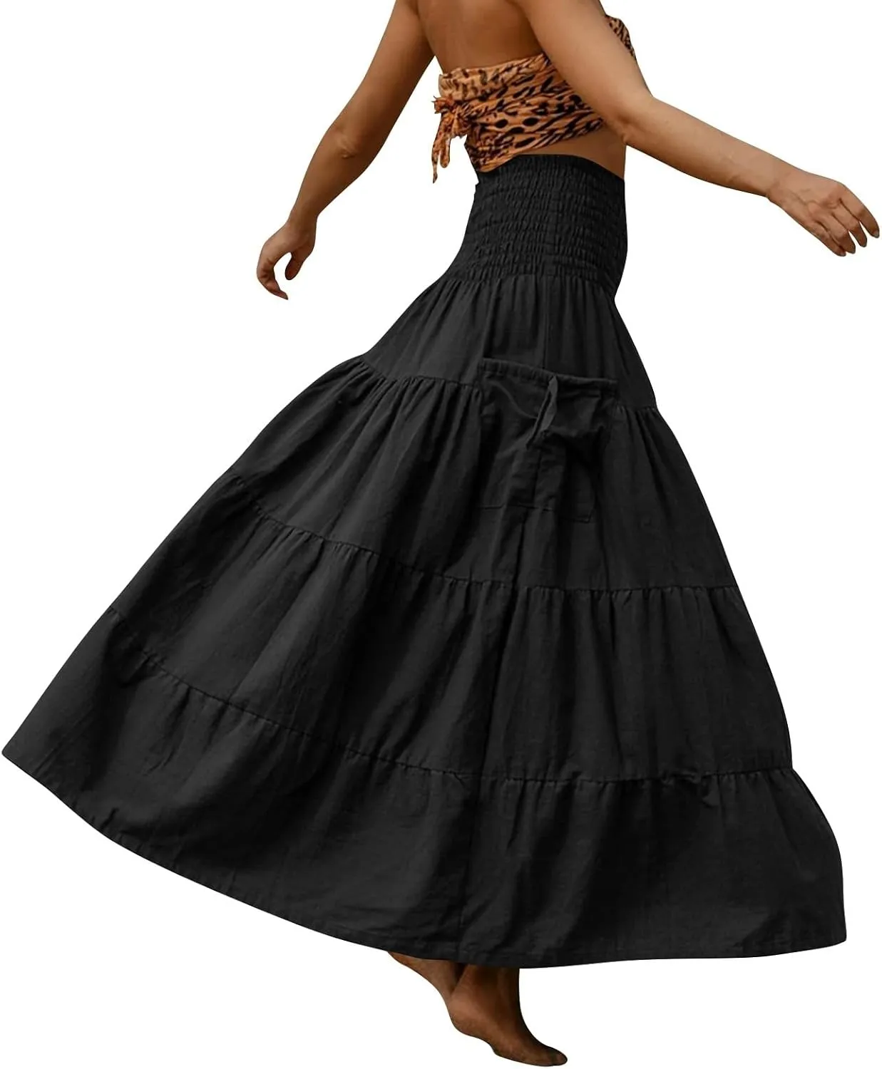 Womens Long Maxi Skirt Smocked Elastic Waist Pleated Tiered A Line Skirt Solid Beach Vacation Skirts with Pockets