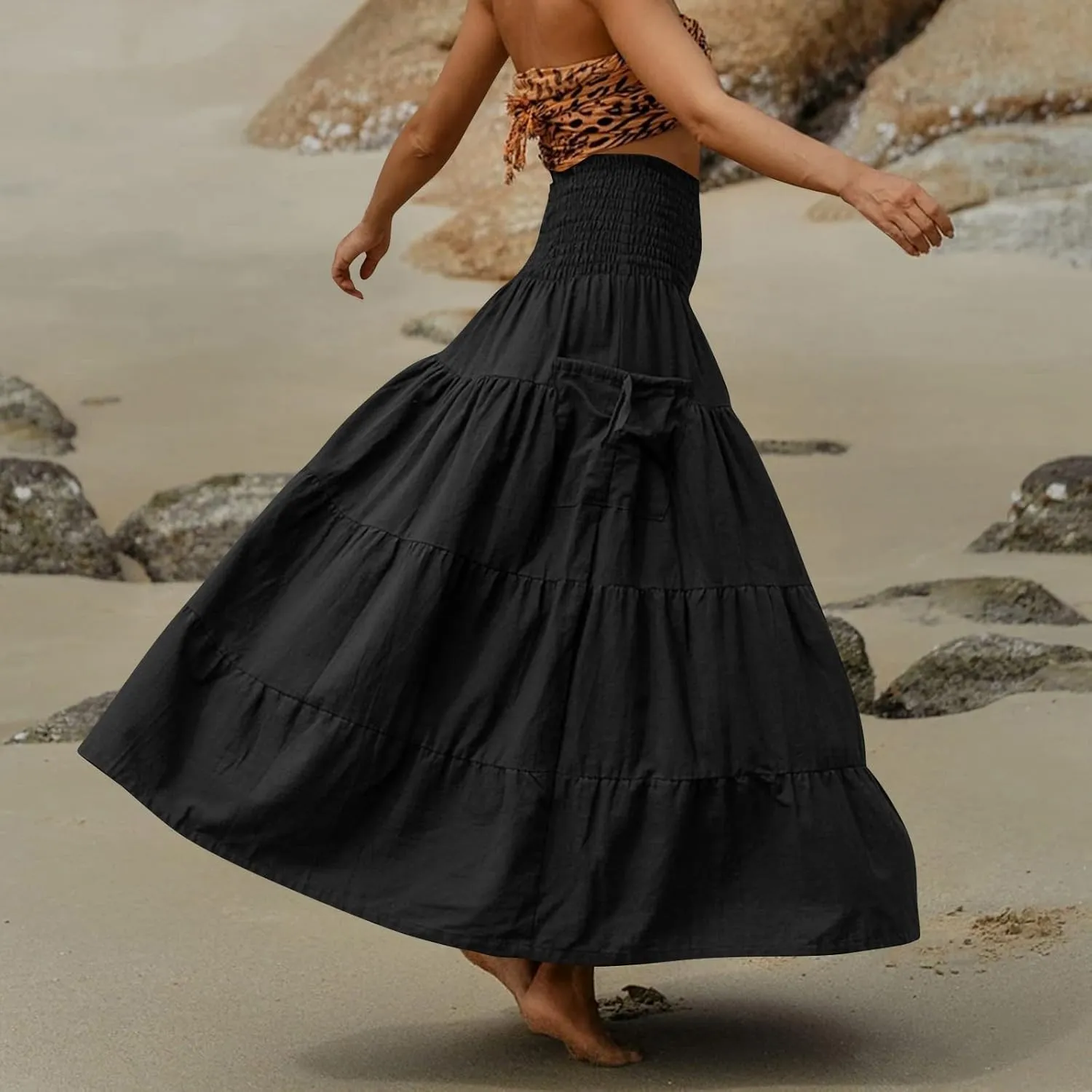 Womens Long Maxi Skirt Smocked Elastic Waist Pleated Tiered A Line Skirt Solid Beach Vacation Skirts with Pockets