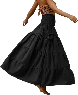 Womens Long Maxi Skirt Smocked Elastic Waist Pleated Tiered A Line Skirt Solid Beach Vacation Skirts with Pockets