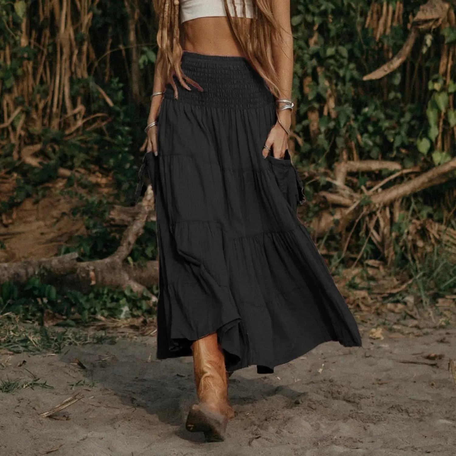Womens Long Maxi Skirt Smocked Elastic Waist Pleated Tiered A Line Skirt Solid Beach Vacation Skirts with Pockets