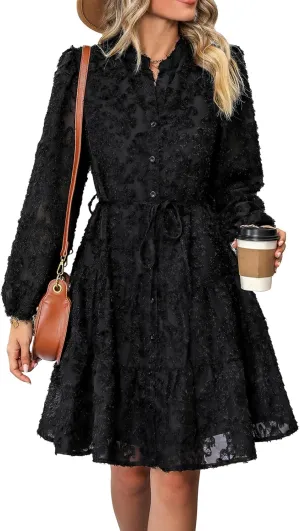 Womens Long Sleeve Fall Dresses 2024 Button Up Empire Waist with Belt A-Line Mini Dress Casual Fall Winter Dress