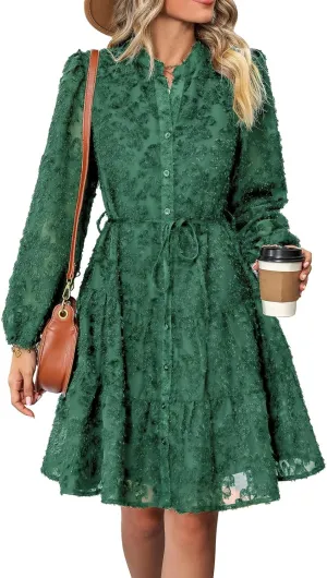 Womens Long Sleeve Fall Dresses 2024 Button Up Empire Waist with Belt A-Line Mini Dress Casual Fall Winter Dress