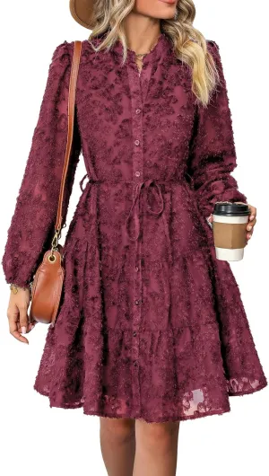 Womens Long Sleeve Fall Dresses 2024 Button Up Empire Waist with Belt A-Line Mini Dress Casual Fall Winter Dress