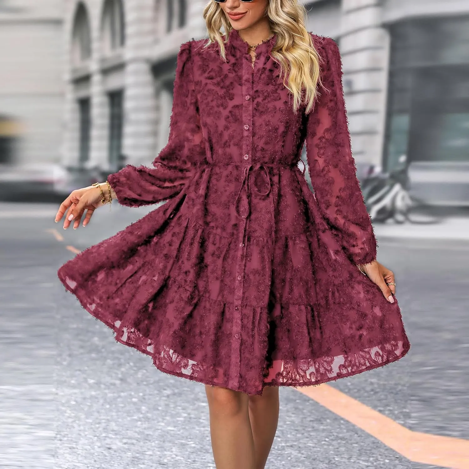 Womens Long Sleeve Fall Dresses 2024 Button Up Empire Waist with Belt A-Line Mini Dress Casual Fall Winter Dress