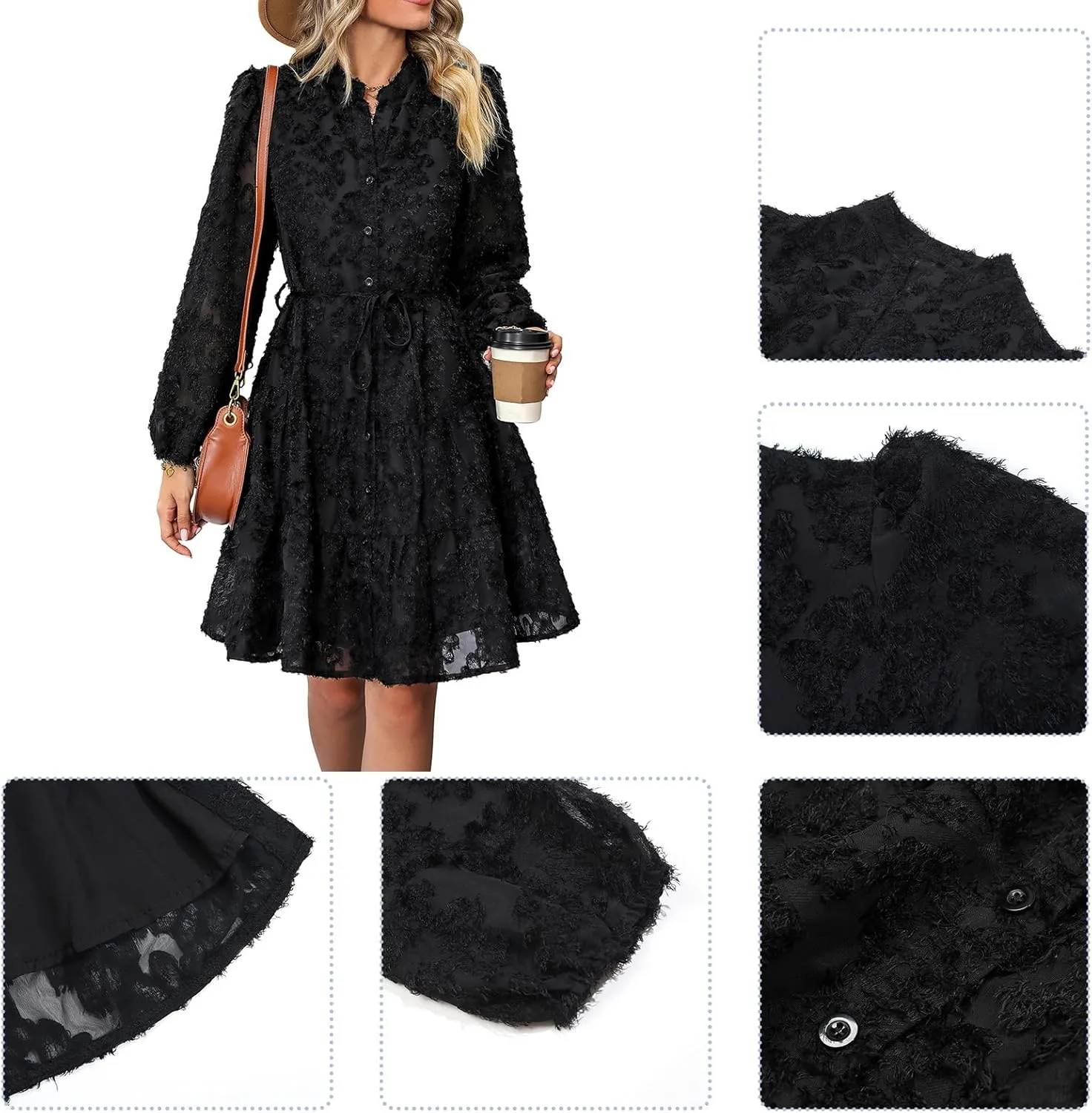 Womens Long Sleeve Fall Dresses 2024 Button Up Empire Waist with Belt A-Line Mini Dress Casual Fall Winter Dress