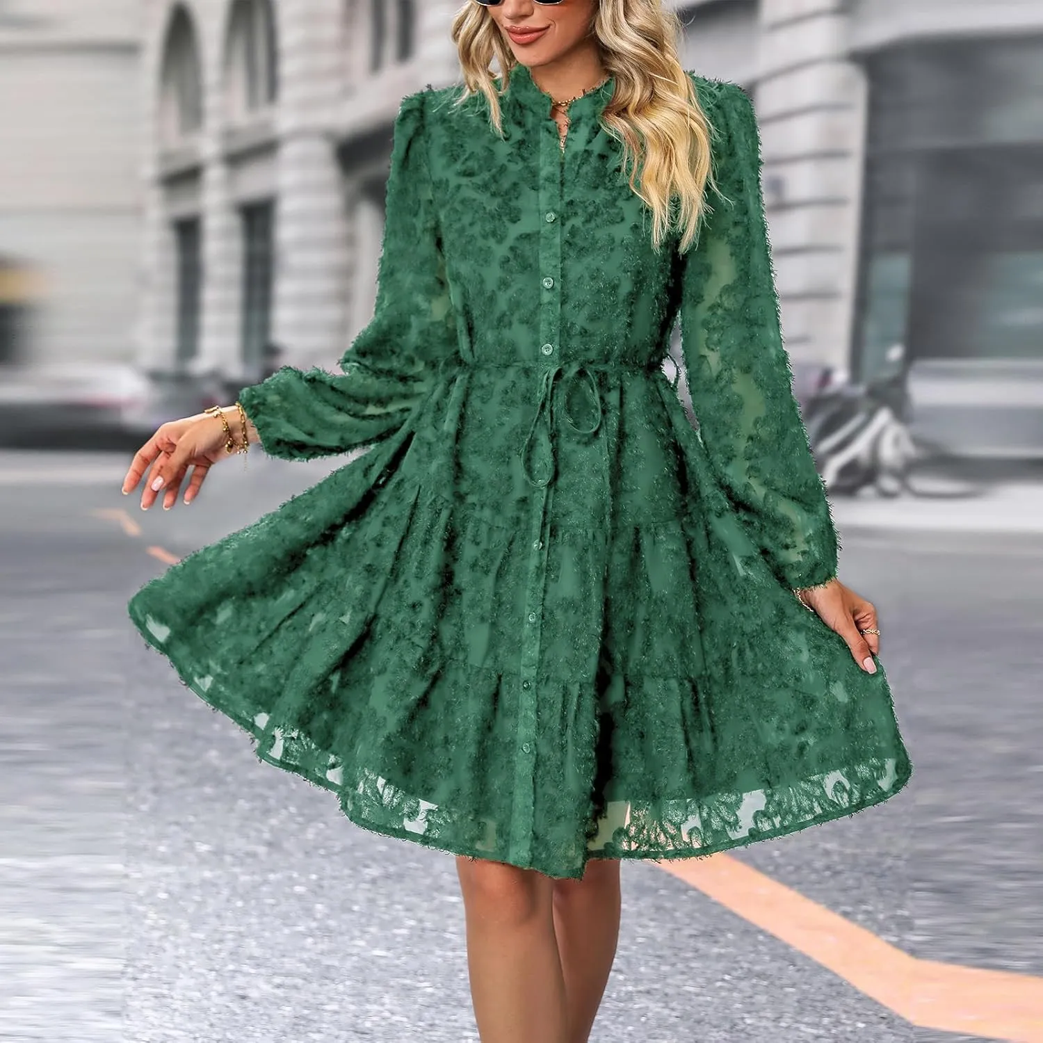 Womens Long Sleeve Fall Dresses 2024 Button Up Empire Waist with Belt A-Line Mini Dress Casual Fall Winter Dress