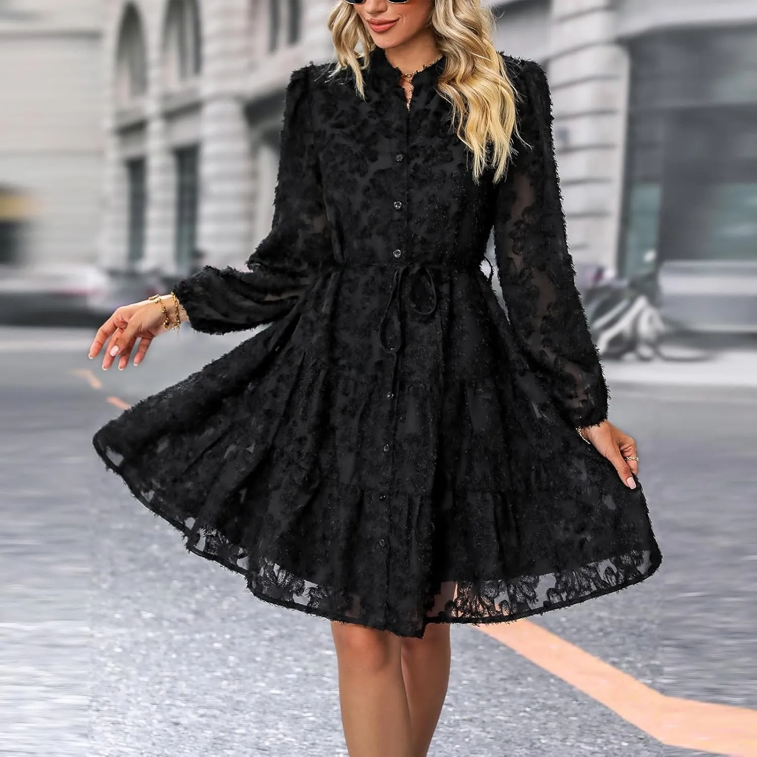 Womens Long Sleeve Fall Dresses 2024 Button Up Empire Waist with Belt A-Line Mini Dress Casual Fall Winter Dress