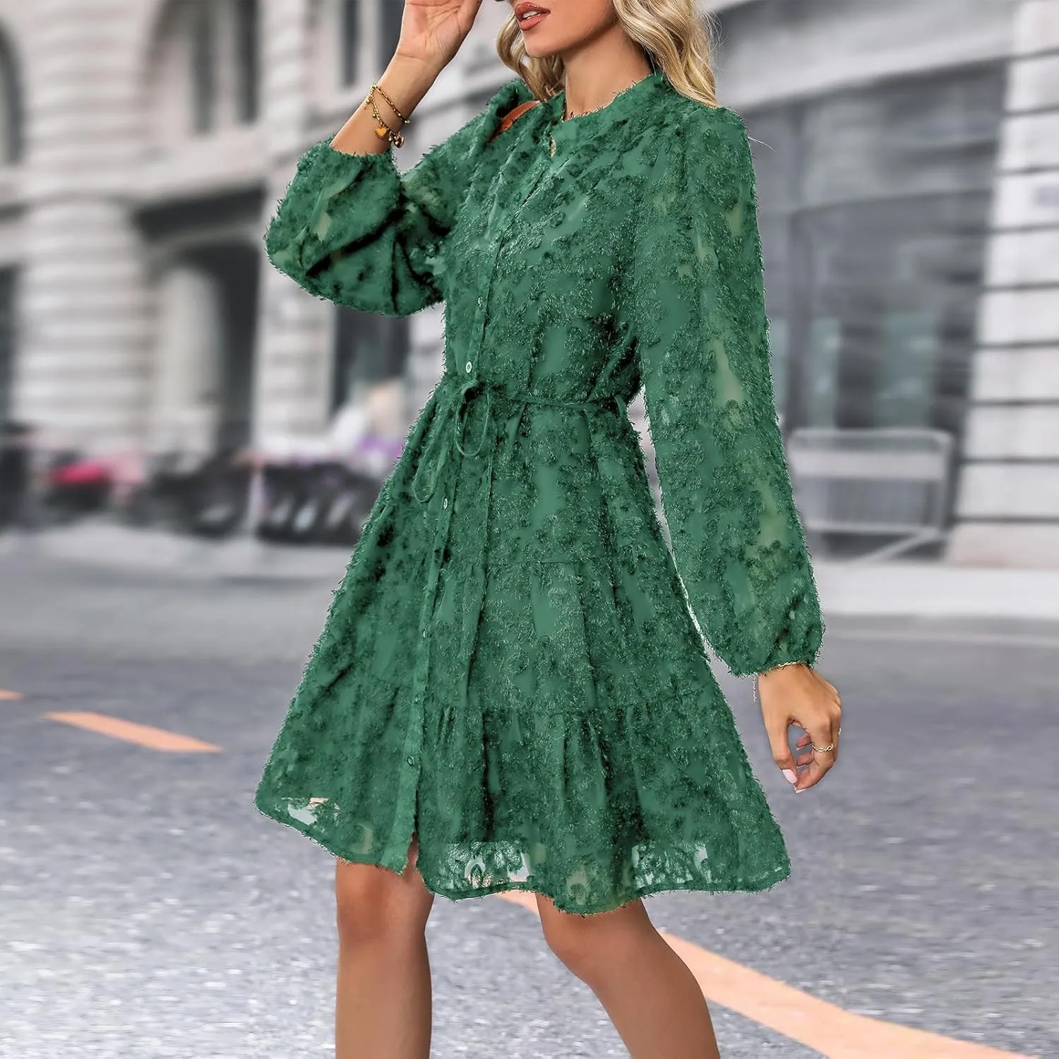 Womens Long Sleeve Fall Dresses 2024 Button Up Empire Waist with Belt A-Line Mini Dress Casual Fall Winter Dress