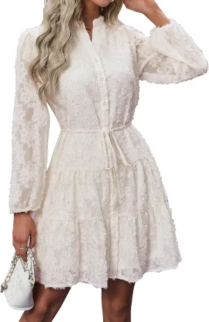 Womens Long Sleeve Fall Dresses 2024 Button Up Empire Waist with Belt A-Line Mini Dress Casual Fall Winter Dress
