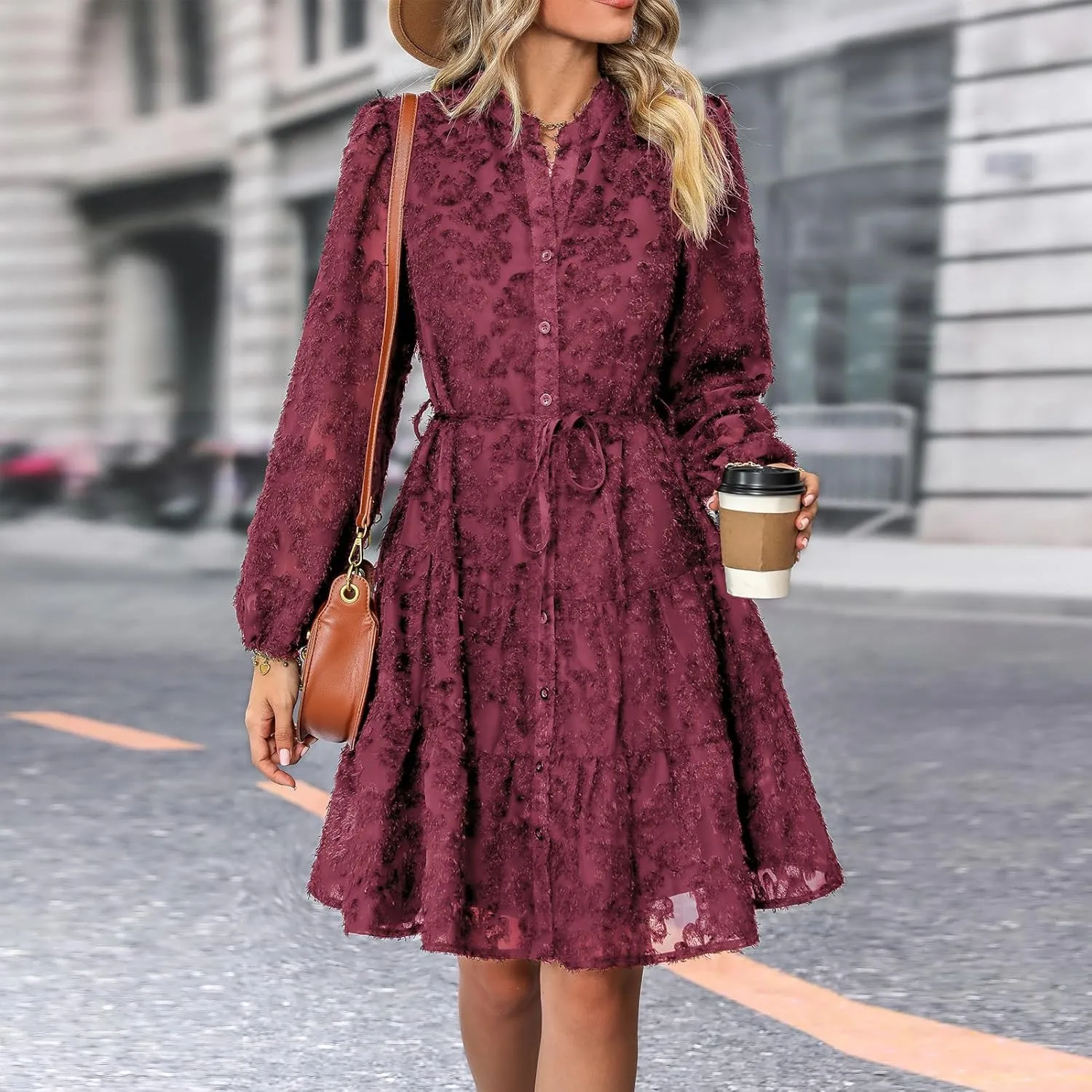 Womens Long Sleeve Fall Dresses 2024 Button Up Empire Waist with Belt A-Line Mini Dress Casual Fall Winter Dress