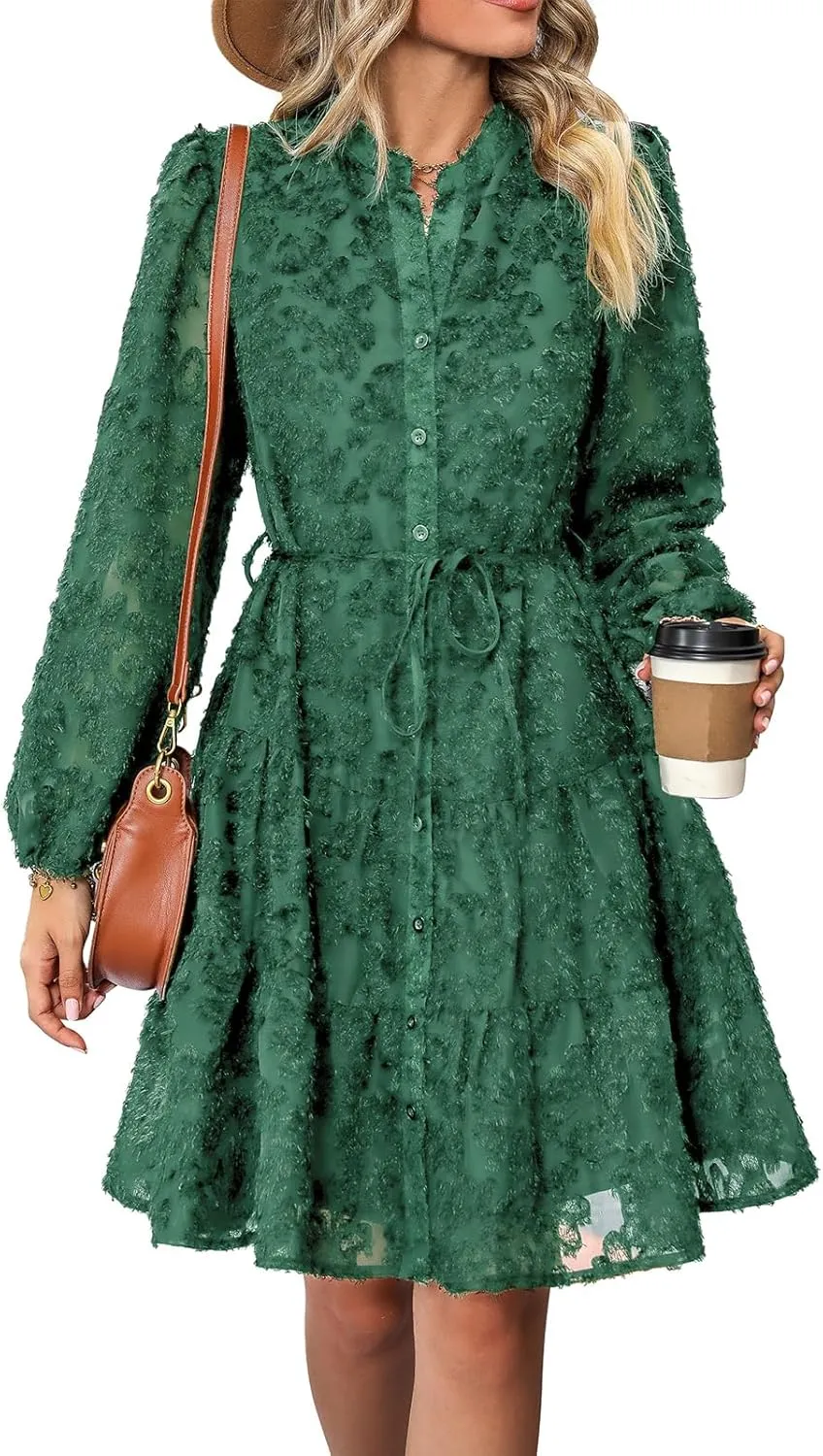 Womens Long Sleeve Fall Dresses 2024 Button Up Empire Waist with Belt A-Line Mini Dress Casual Fall Winter Dress