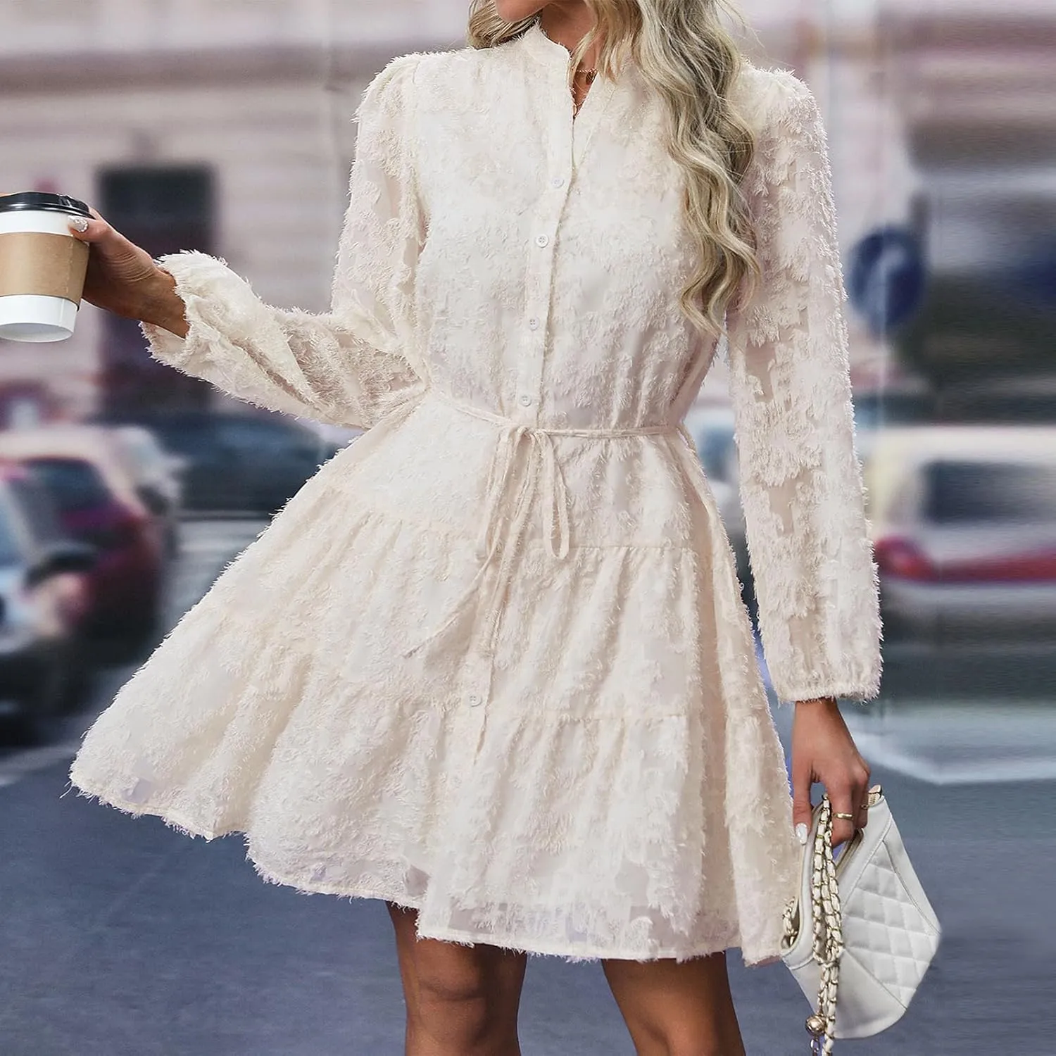 Womens Long Sleeve Fall Dresses 2024 Button Up Empire Waist with Belt A-Line Mini Dress Casual Fall Winter Dress
