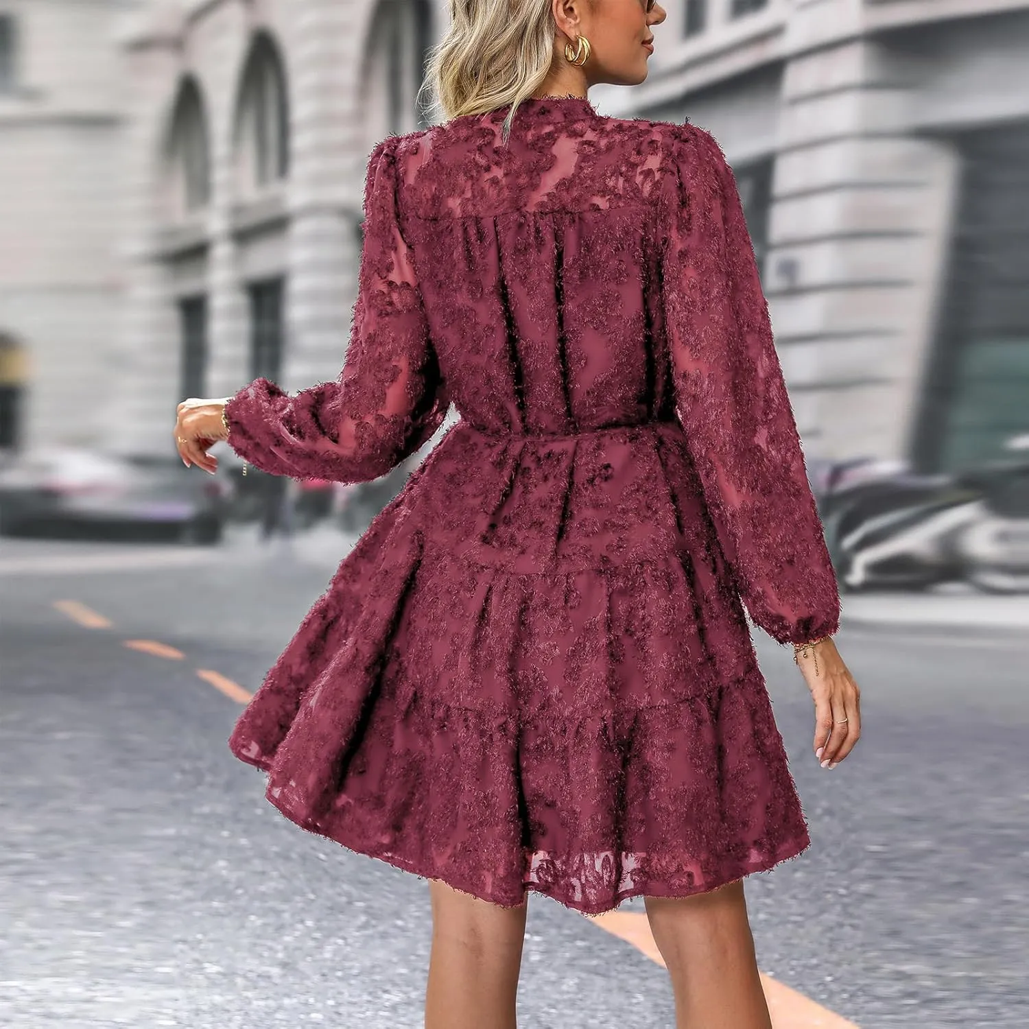 Womens Long Sleeve Fall Dresses 2024 Button Up Empire Waist with Belt A-Line Mini Dress Casual Fall Winter Dress