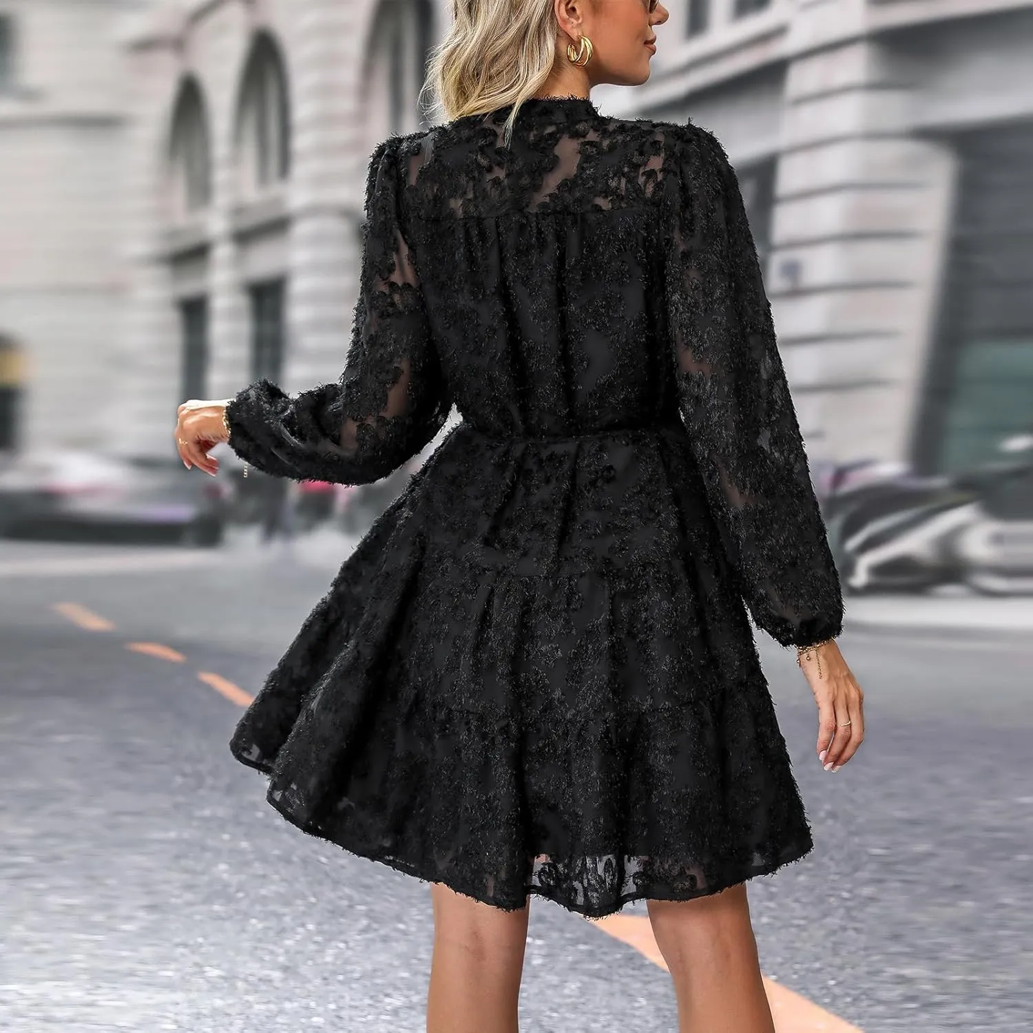 Womens Long Sleeve Fall Dresses 2024 Button Up Empire Waist with Belt A-Line Mini Dress Casual Fall Winter Dress
