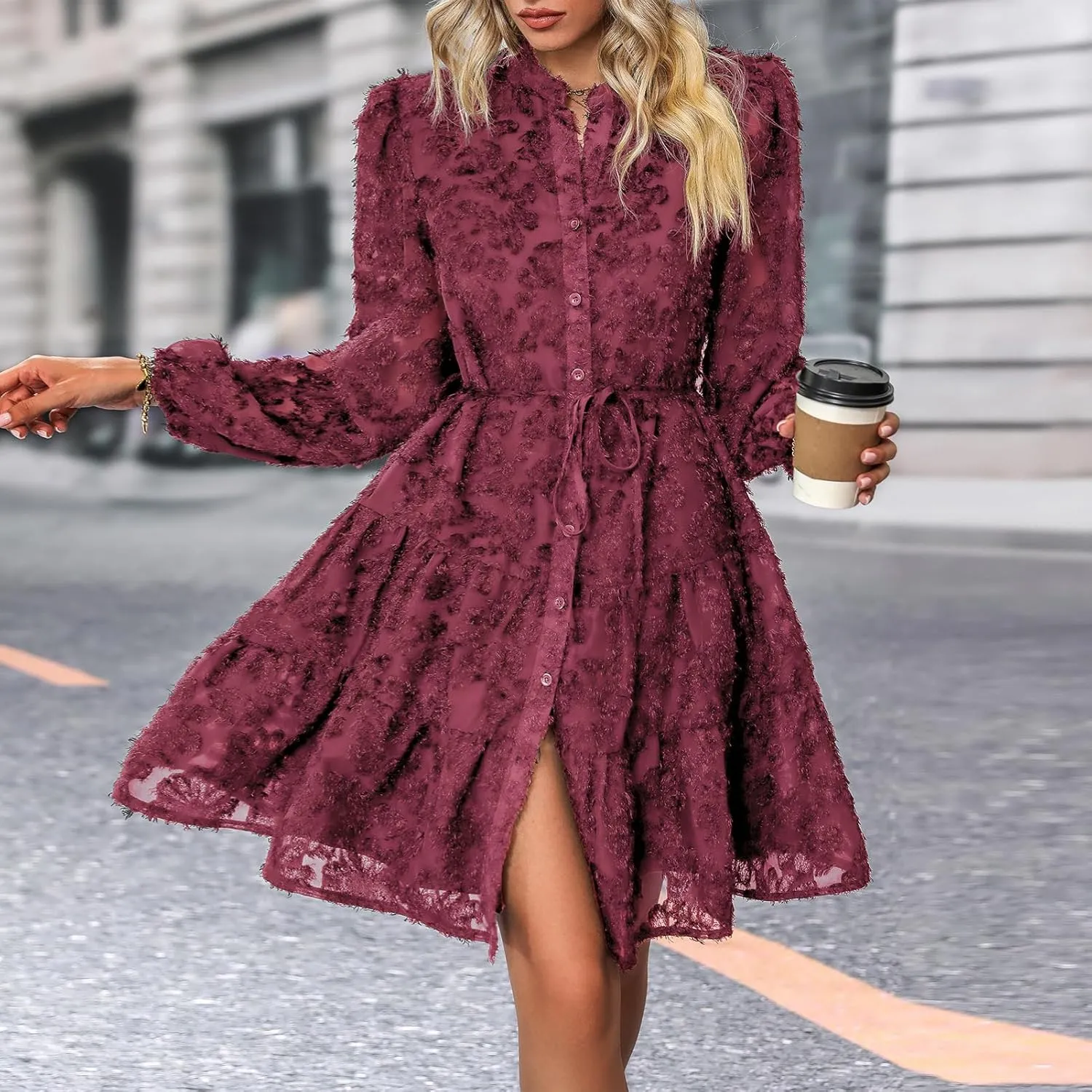 Womens Long Sleeve Fall Dresses 2024 Button Up Empire Waist with Belt A-Line Mini Dress Casual Fall Winter Dress