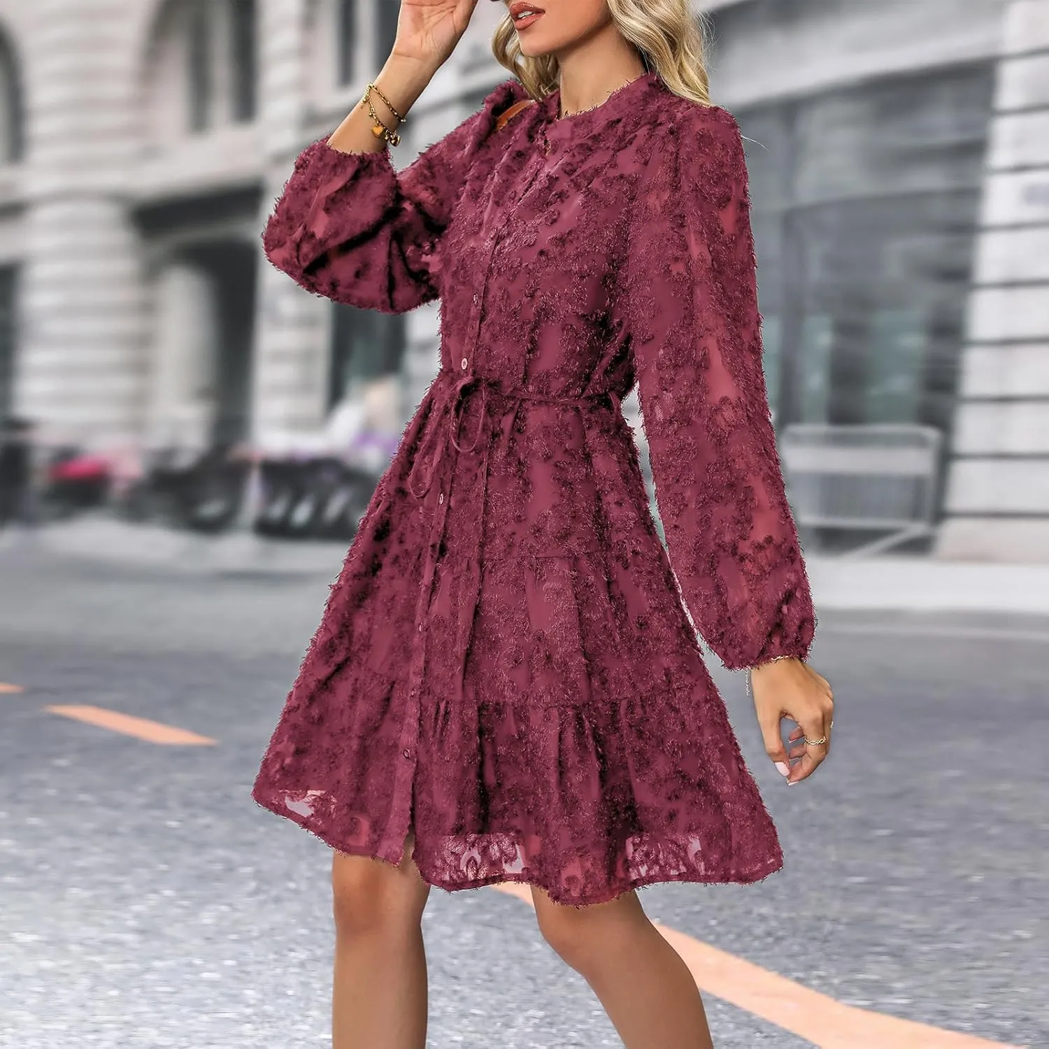 Womens Long Sleeve Fall Dresses 2024 Button Up Empire Waist with Belt A-Line Mini Dress Casual Fall Winter Dress