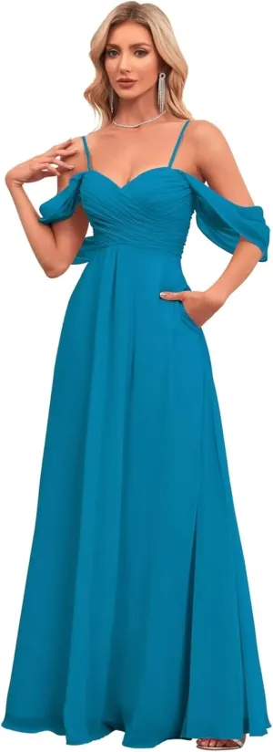 Women's Off The Shoulder Bridesmaid Dresses with Pockets Chiffon Pleated Long Formal Evening Gowns BD23