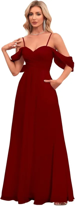 Women's Off The Shoulder Bridesmaid Dresses with Pockets Chiffon Pleated Long Formal Evening Gowns BD23