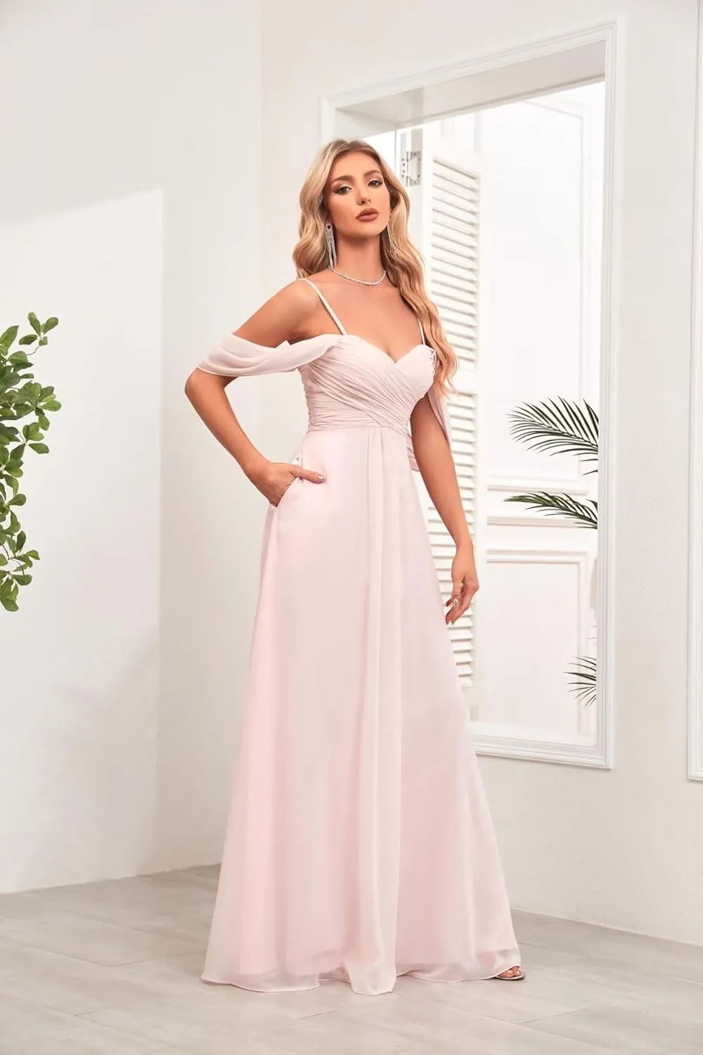 Women's Off The Shoulder Bridesmaid Dresses with Pockets Chiffon Pleated Long Formal Evening Gowns BD23