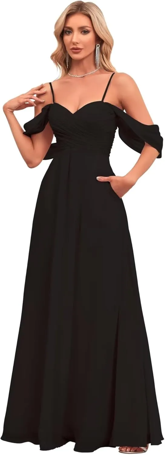 Women's Off The Shoulder Bridesmaid Dresses with Pockets Chiffon Pleated Long Formal Evening Gowns BD23